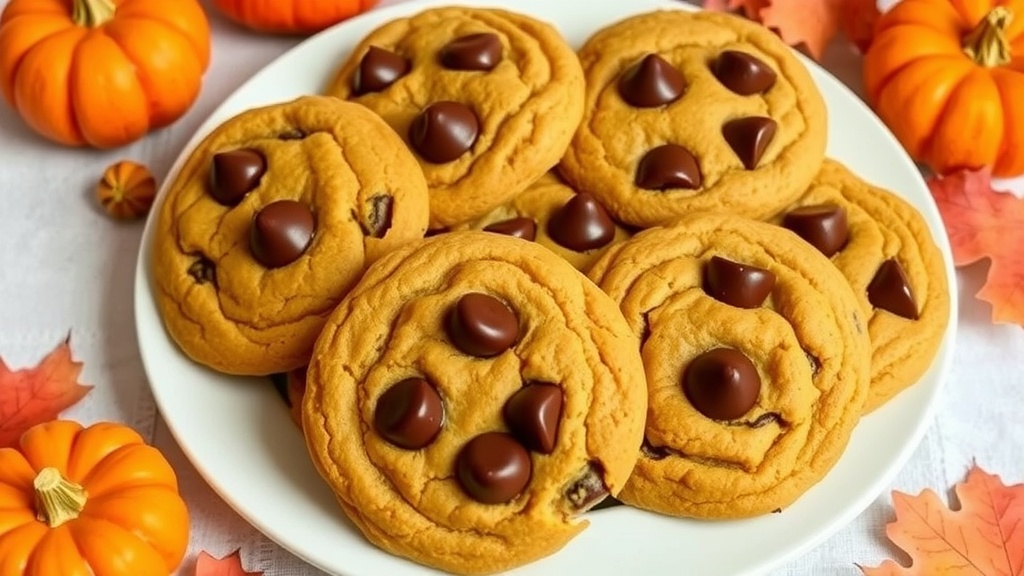 Soft Pumpkin Chocolate Chip Cookies Recipe A plate of soft pumpkin chocolate chip cookies with melted chocolate chips, decorated with autumn leaves and small pumpkins.